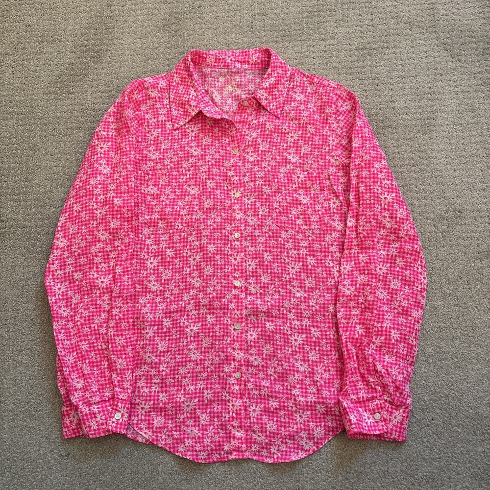 Lilly Pulitzer Sea View Linen Button Down Shirt in Pink Floral Size Medium